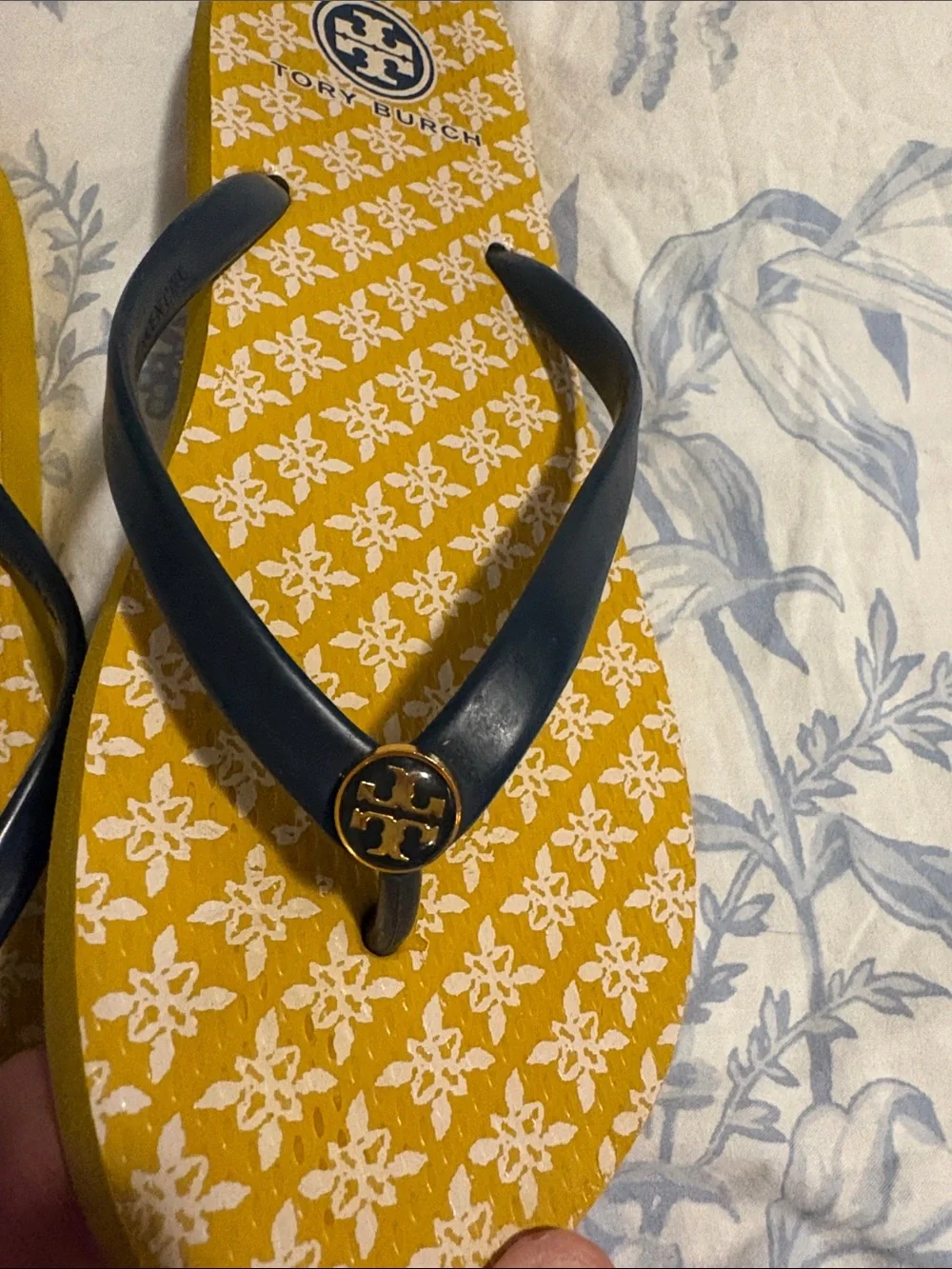 Tory Burch Yellow Patterned Flip Flops with Navy Straps